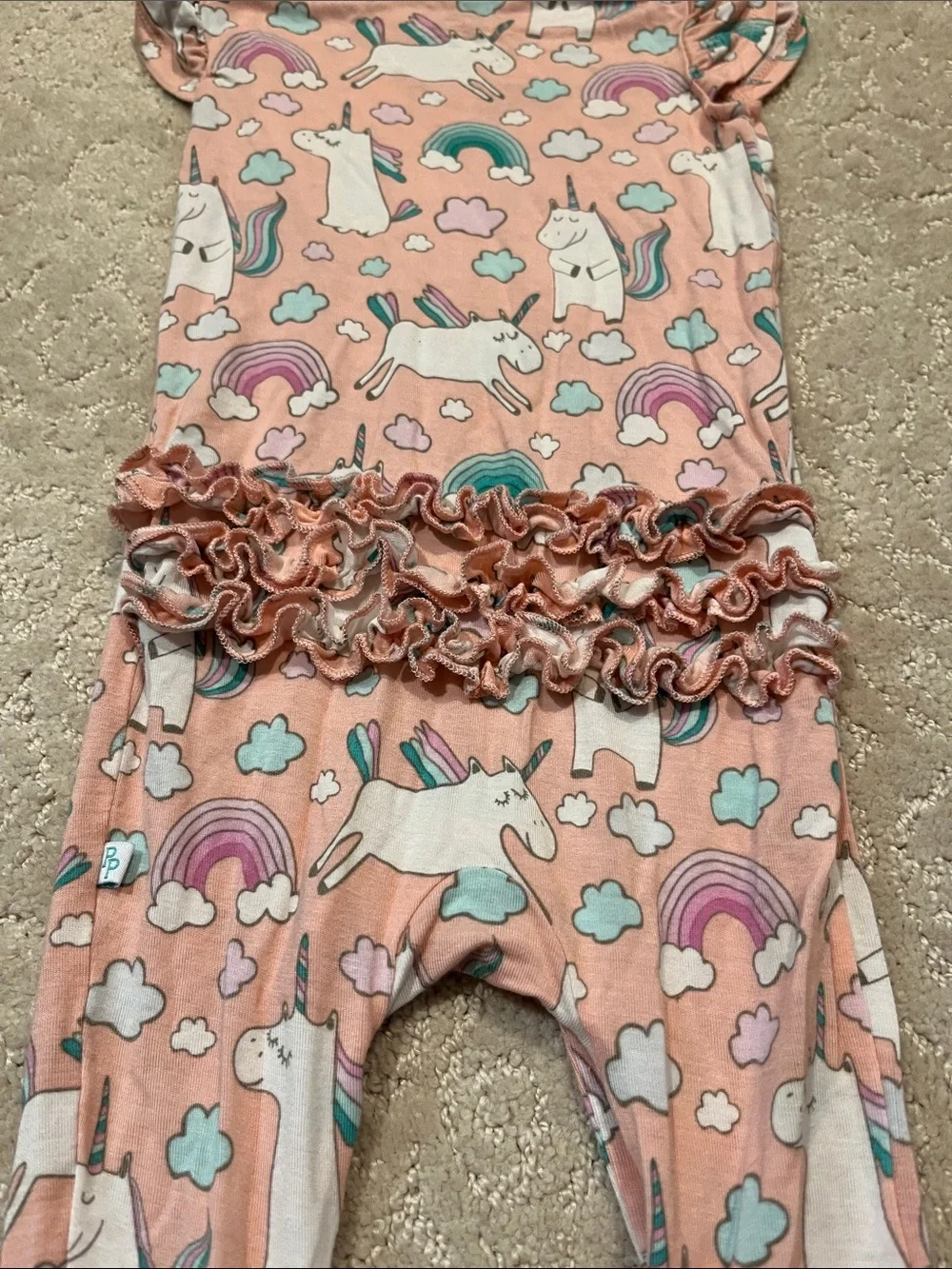 Posh Peanut Ruffled Jumpsuit Size 9-12 Month “Pink Olive Unicorn”
